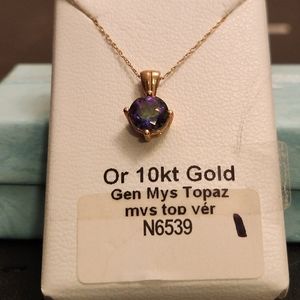 NEW 10K SOLID YELLOW GOLD GENUINE ROUND-SHAPE MYSTIC TOPAZ PENDANT AND NECKLACE